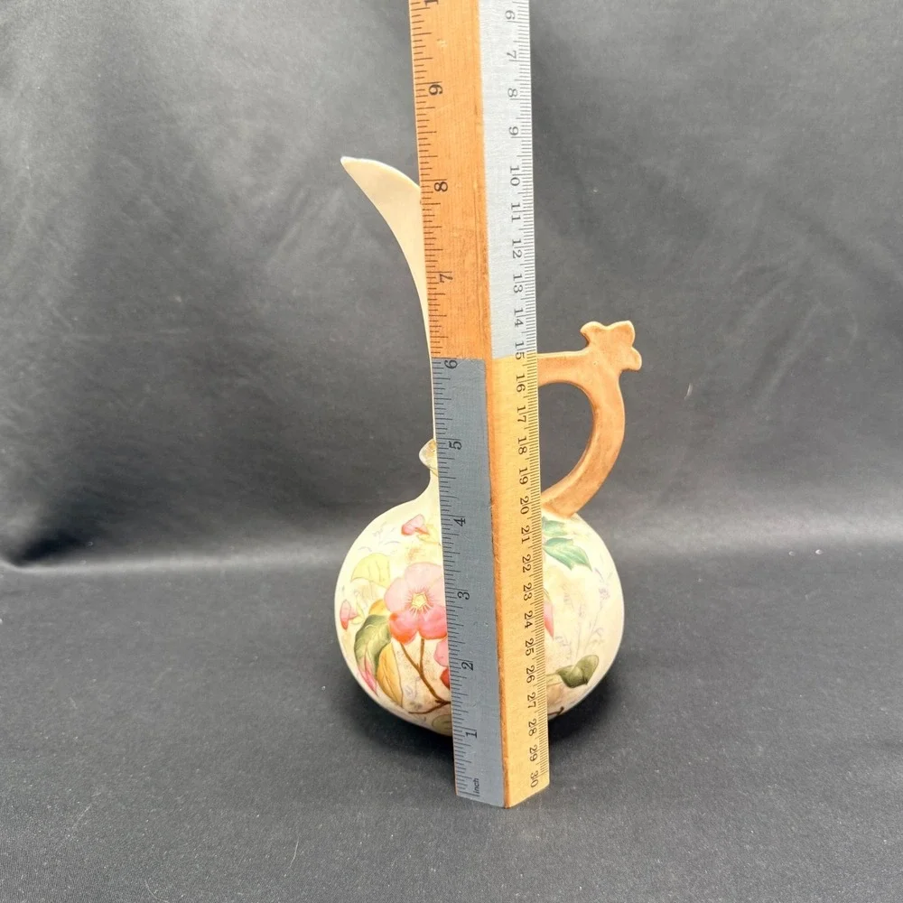 Antique Hand Painted Floral Ceramic Pitcher Vase Pink Flowers Gold Trim 8.5